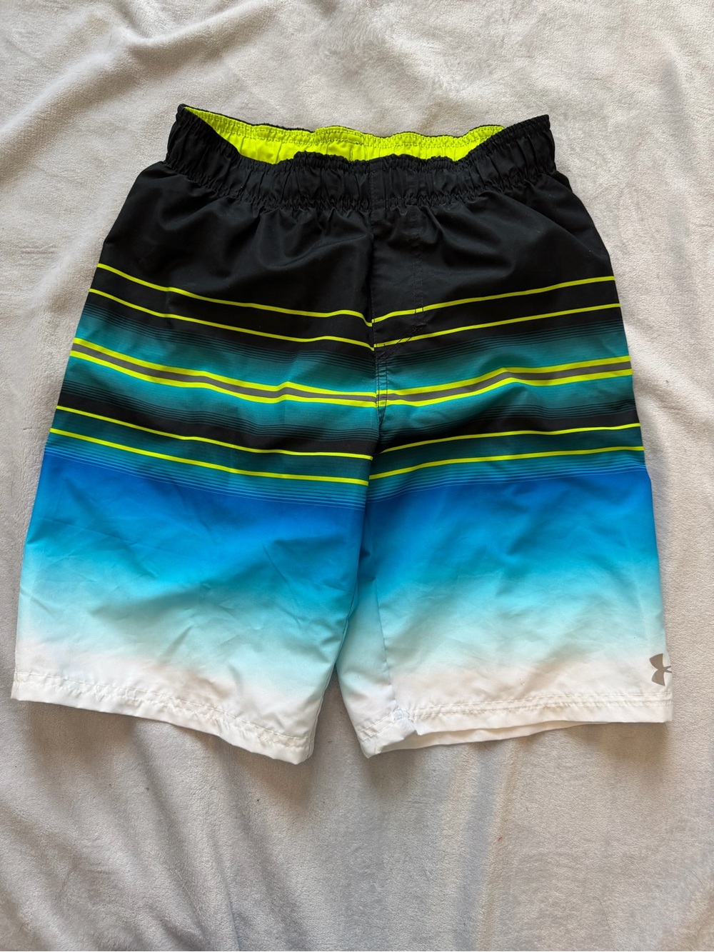 Under Armour Boys Swim Trunks YLG Blue Black Neon Stripe Board Shorts